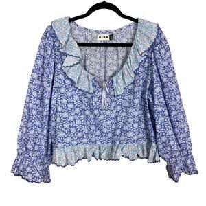 Rixo Bobbie Floral Cotton Pajama Top Long Sleeve Blue Ruffle Size Large US 10